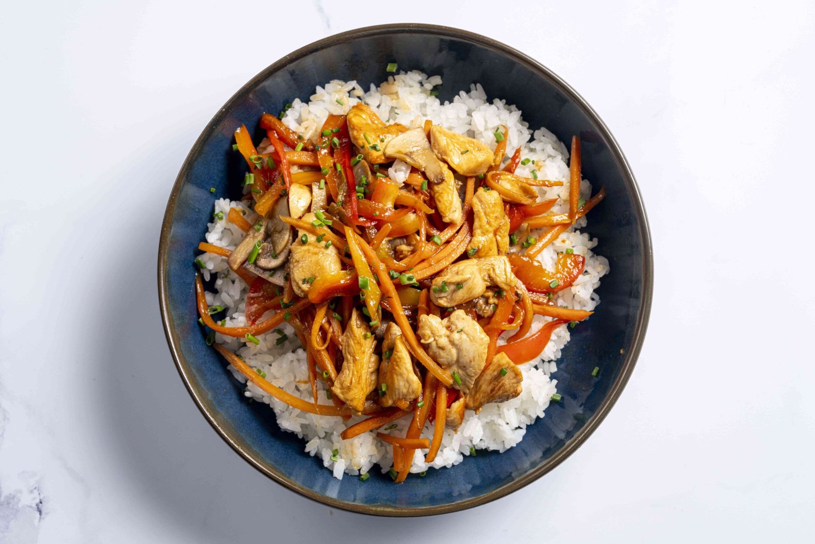 Bol de riz garni de poulet et légumes sautés, illustrant une recette de donburi facile à préparer.